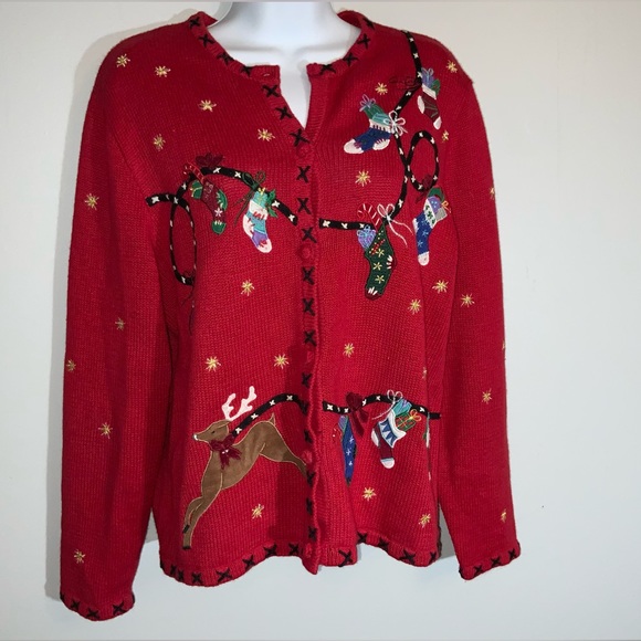 Festive Red Button Down Christmas Sweater Sz Petite Large - Picture 2 of 6